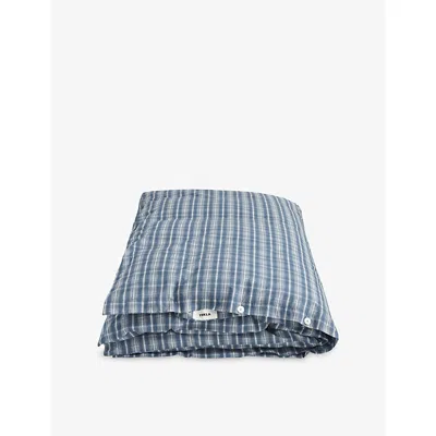 Tekla Douglas Checks Percale Checked King Cotton Duvet Cover In Blue