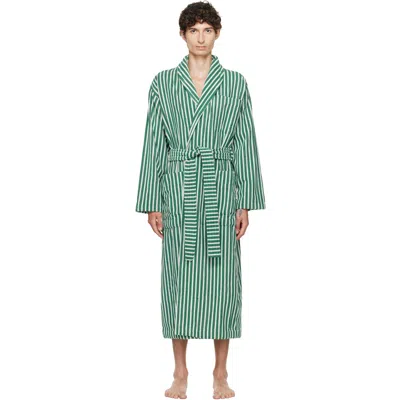 Tekla Green & White Terry Classic Bathrobe In Teal Green Stripes