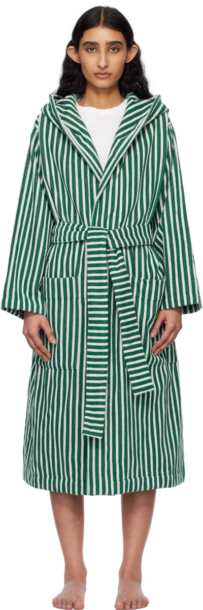 Tekla Green & White Terry Hooded Bathrobe In Teal Green Stripes