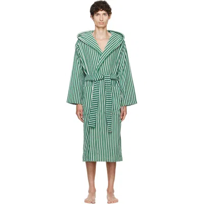 Tekla Green & White Terry Hooded Bathrobe In Teal Green Stripes