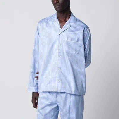 Tekla Light Blue Pajama Shirt With White Stripes In Animal Print