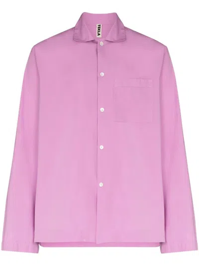 Tekla Lilac Cotton Pajama Shirt With Classic Collar In Pink