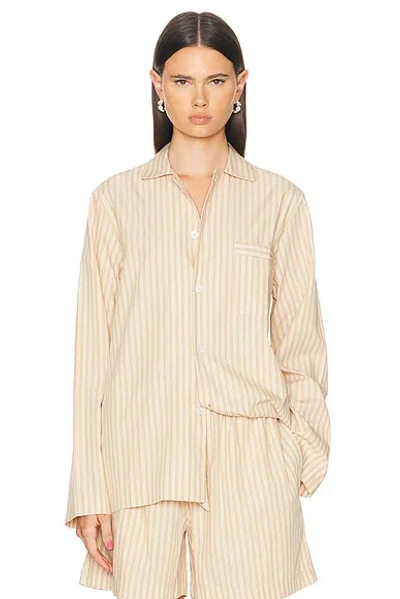 Tekla Beige Long Sleeve Pyjama Shirt In Corinth Stripes