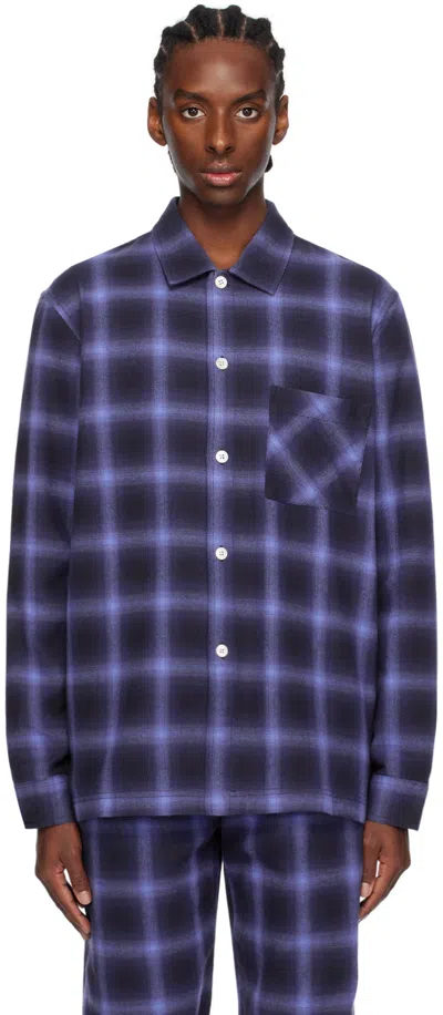 Tekla Navy Plaid Pyjama Shirt In Dark Blue Plaid