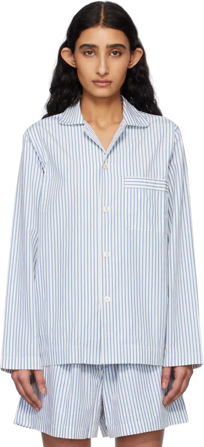 Tekla Off-white & Blue Poplin Long-sleeved Pyjama Shirt In Placid Blue Stripes