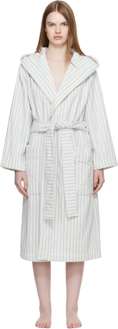 TEKLA OFF WHITE & BLUE TERRY HOODED BATHROBE