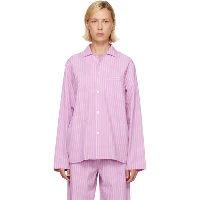 Tekla Pink Poplin Long-sleeved Pyjama Shirt In Purple Pink Stripes