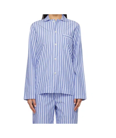 Tekla White & Blue Poplin Long-sleeved Pyjama Shirt In Penny Stripes