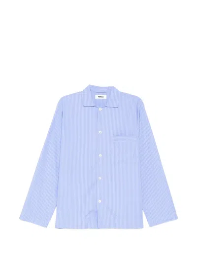 Tekla Blue Poplin Long-sleeved Pajamas In Multi
