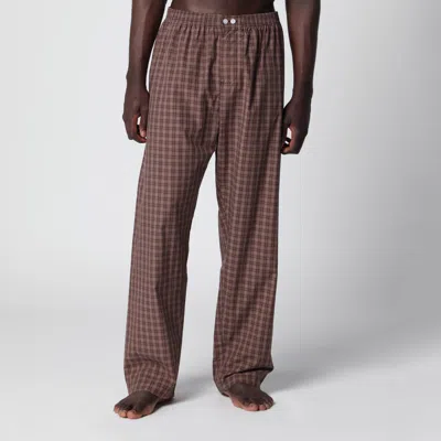 Tekla Serra-colored Cotton Pajama Pants With Check Pattern In Brown