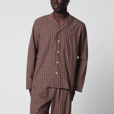 Tekla Serra-colored Cotton Pajama Shirt With Check Pattern In Brown