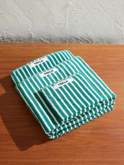 Tekla Striped Organic Cotton Towels In Green