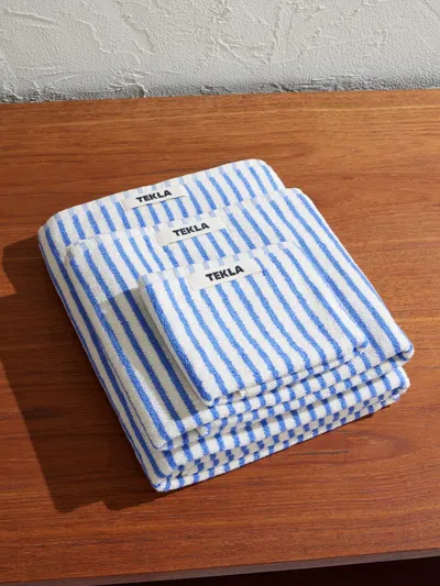 Tekla Set-of-three Logo-appliquéd Striped Organic Cotton-terry Towels In Blue