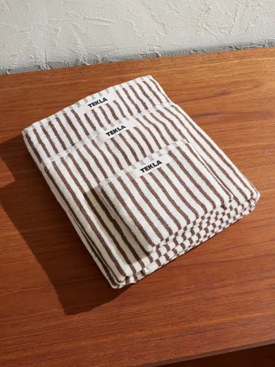 Tekla Set-of-three Logo-appliquéd Striped Organic Cotton-terry Towels In Brown