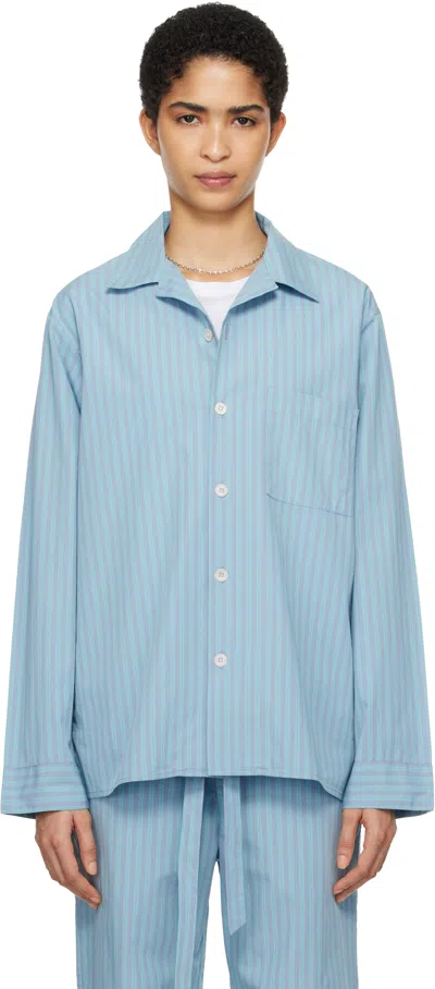 Tekla Ssense Exclusive Blue Auralee Edition Cotton Poplin Pyjama Shirt In Mist Stripes