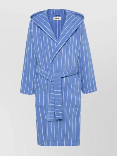 Tekla Striped Cotton Bathrobe Hood In Blue