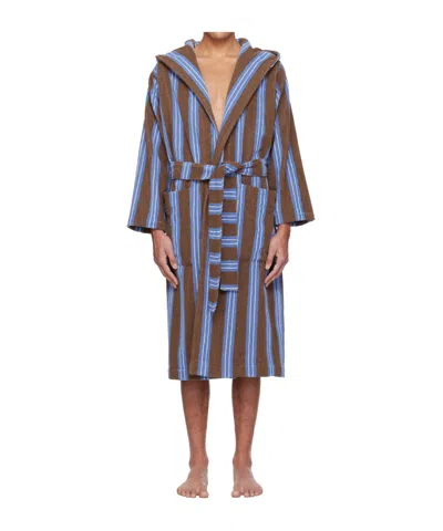 Tekla Striped Hooded Bathrobe In Brown