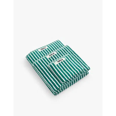 Tekla Teal Green Stripes Bordered Organic-cotton Hand Towel 50cm X 80cm In Teal Green Stripes