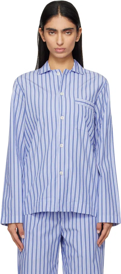 Tekla White & Blue Poplin Long-sleeved Pyjama Shirt In Penny Stripes
