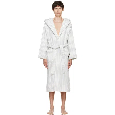 Tekla White & Blue Terry Hooded Bathrobe In 284-soft Blue Stripe
