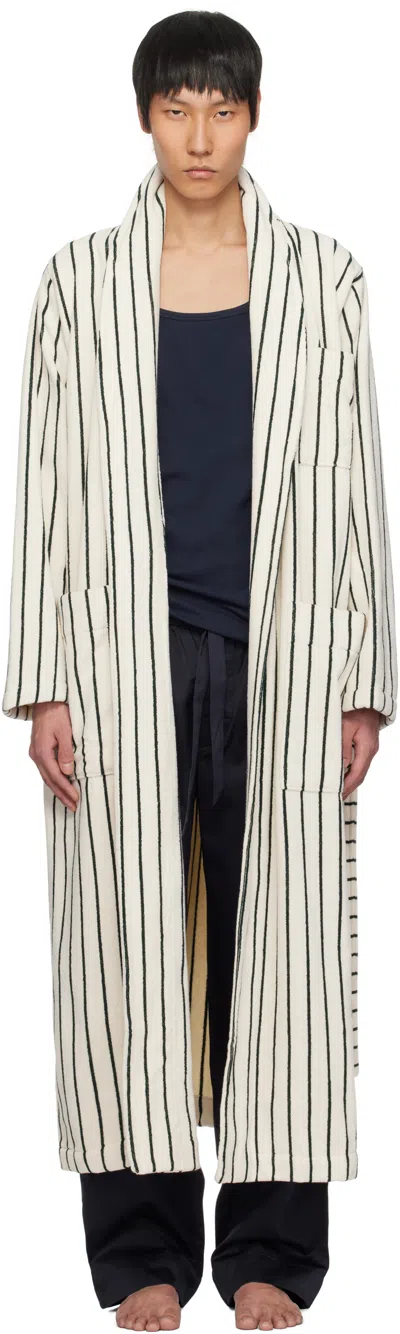 Tekla White & Green Terry Classic Bathrobe In Racing Green-stripes