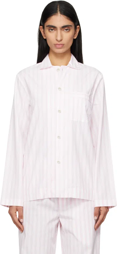 Tekla White & Pink Poplin Long-sleeved Pyjama Shirt In Hatty Stripes