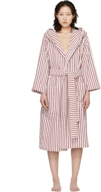 Tekla White & Red Terry Hooded Bathrobe In Pink