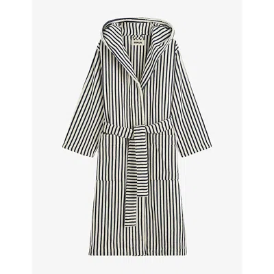 Tekla Womens  Hooded Striped Cotton Bathrobe In Black