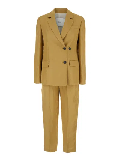 TELA BEIGE DOUBLE-BREASTED SUIT WITH NOTCHED REVERS IN LINEN AND VISCOSE BLEND WOMAN
