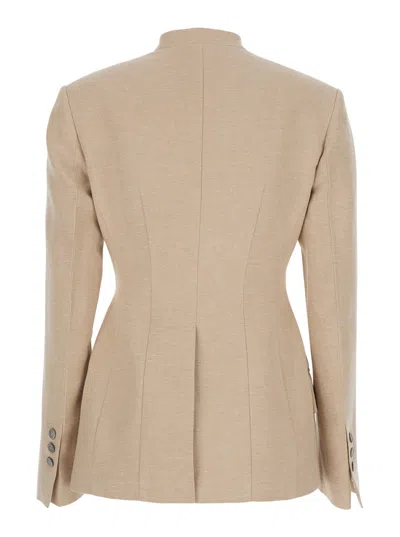 Tela Beige Double-breasted V-neck Jacket In Linen And Cotton Blend Woman In Neutral