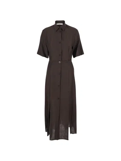 Tela Belted Collared Dress In Brown