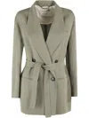 Tela Double-breasted Linen Blend Blazer With Removable Waist Tie In Green