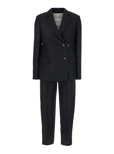 Tela Black Double-breasted Suit With Notched Revers In Linen And Viscose Blend Woman