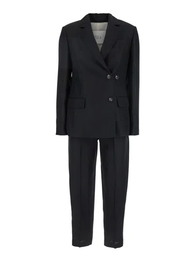 TELA BLACK DOUBLE-BREASTED SUIT WITH NOTCHED REVERS IN LINEN AND VISCOSE BLEND WOMAN