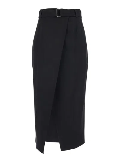 Tela Black Skirt With Belt And Front Slit In Linen Blend Woman