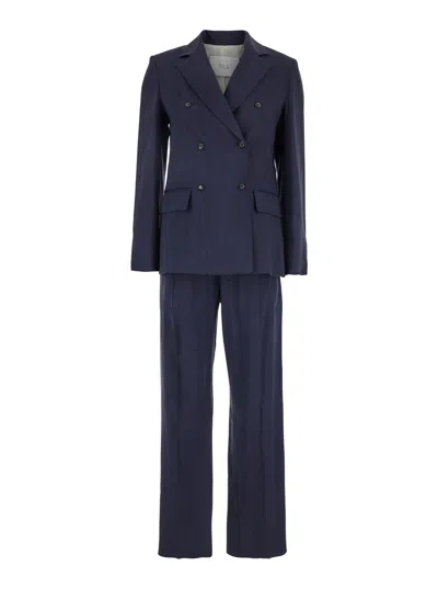 Tela Blue Double-breasted Suit With Notched Revers In Linen And Viscose Stretch Blend Woman