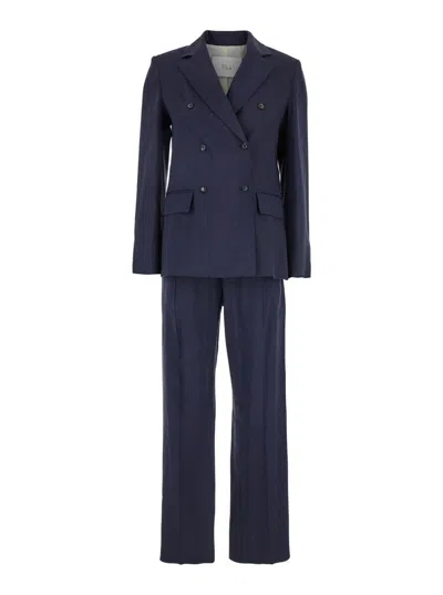 TELA BLUE DOUBLE-BREASTED SUIT WITH NOTCHED REVERS IN LINEN AND VISCOSE STRETCH BLEND WOMAN