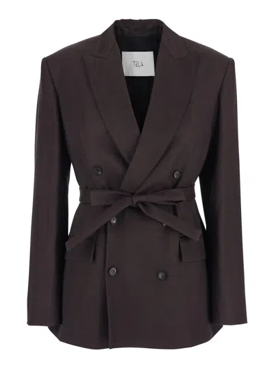 Tela Brown Double-breasted Jacket With Peak Lapels In Tech Fabric Woman