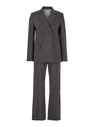 Tela Brown Double-breasted Suit With Notched Revers In Linen And Viscose Stretch Blend Woman