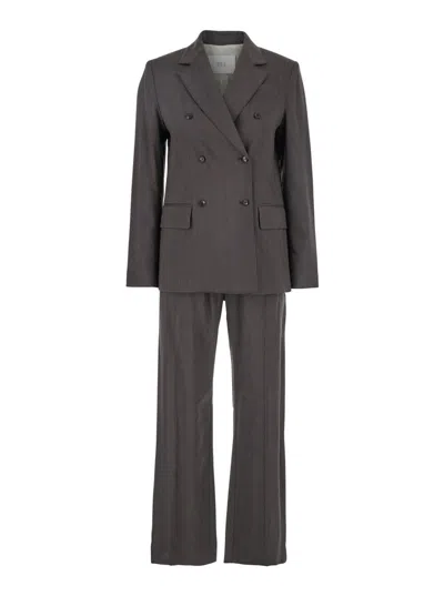 TELA BROWN DOUBLE-BREASTED SUIT WITH NOTCHED REVERS IN LINEN AND VISCOSE STRETCH BLEND WOMAN
