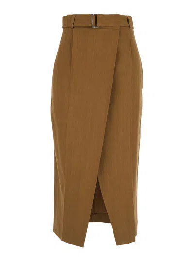 Tela Brown Skirt With Belt And Front Slit In Linen Blend Woman