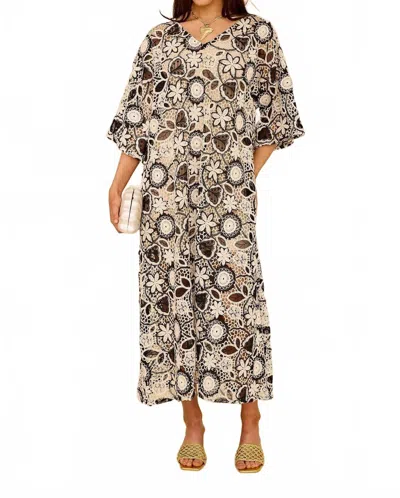 Tela Calypso Crochet Kaftan Dress In Black In Multi