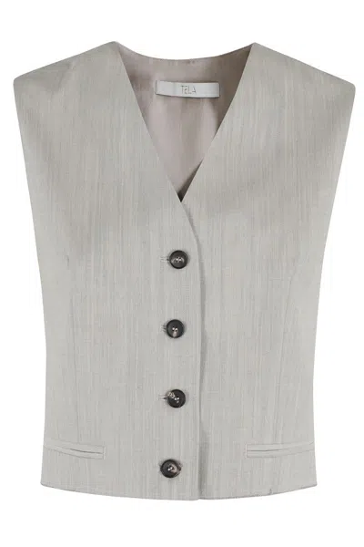 TELA CEMENT-TEXTURED SLEEVELESS GILET WITH ADJUSTABLE BACK CLOSURE