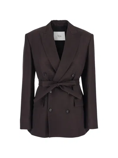 Tela Double-breasted Belted Blazer In Brown