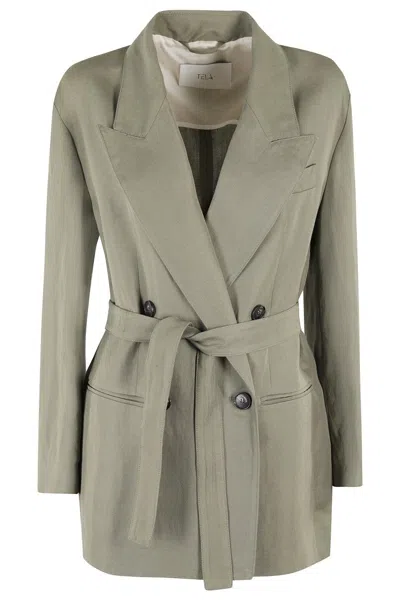 TELA DOUBLE-BREASTED LINEN BLEND BLAZER WITH REMOVABLE WAIST TIE