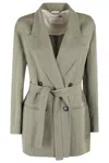Tela Double-breasted Linen Blend Blazer With Removable Waist Tie In Green