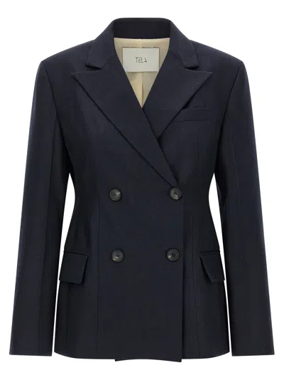 Tela Florence Double-breasted Peak-lapel Blazer In Blue