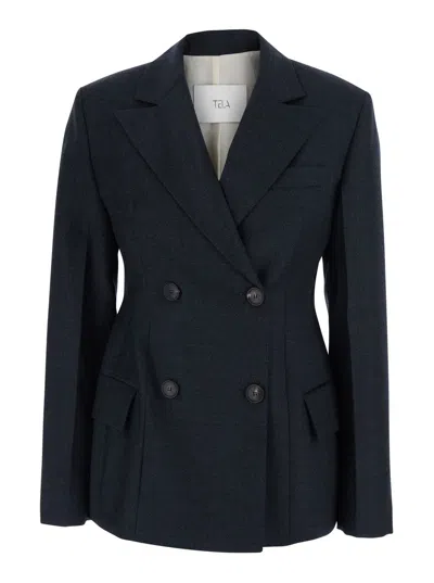 Tela Florence Double-breasted Wool-blend Blazer Jacket With Notched Lapels In Grey