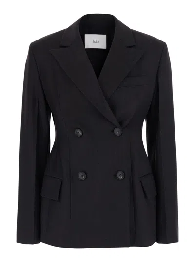 Tela Florence Double-breasted Wool-blend Blazer Jacket With Notched Revers And Welt Pockets In Brown