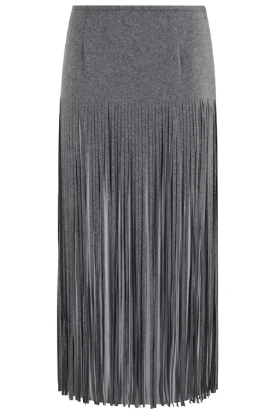 Tela Fringe-detail Grey Wool Skirt In Gray